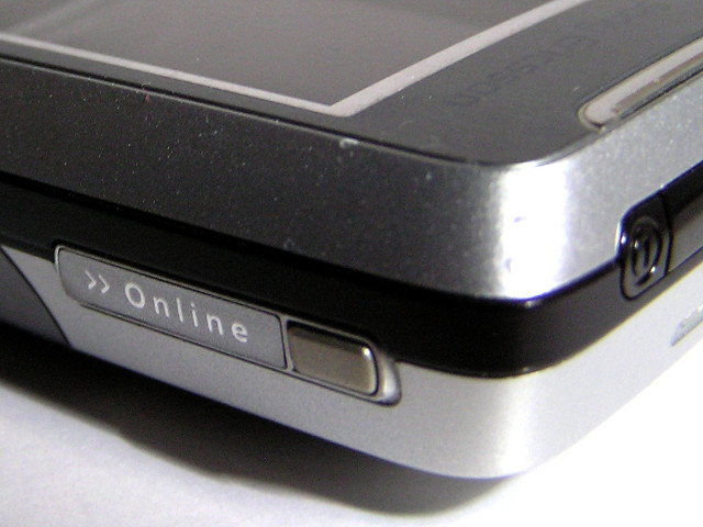 A laptop edge with the word Online