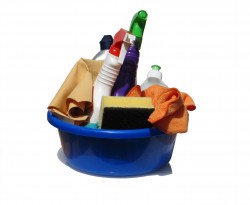 Cleaning products in a bucket